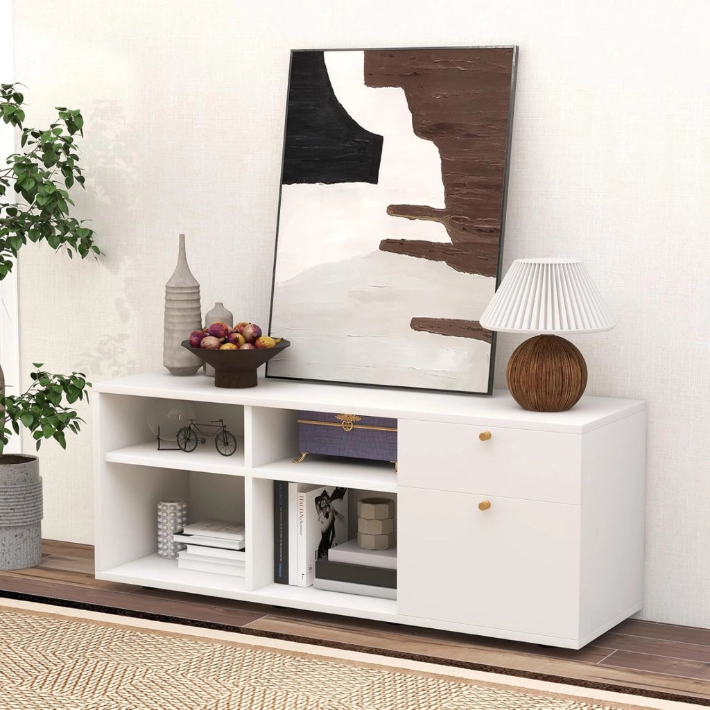 Armadietto con 4 cubi semi-aperti e 2 cassetti, armadio multifunzionale con piedini regolabili, mobile laterale in legno, 108 x 39 x 50 cm, Bianco