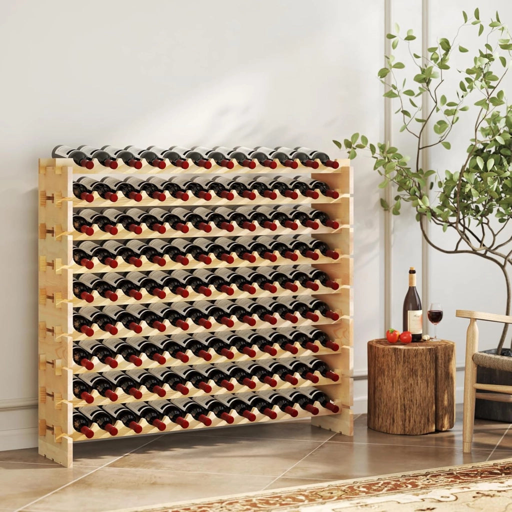 Portabottiglie di Vino da 9 Livelli per fino a 108 Bottiglie, Cantinetta Portabottiglie di Vino in Legno di Pino Naturale, Scaffale Espositivo da Pavimento per Vino da Bar (120 x 29 x 106 cm)