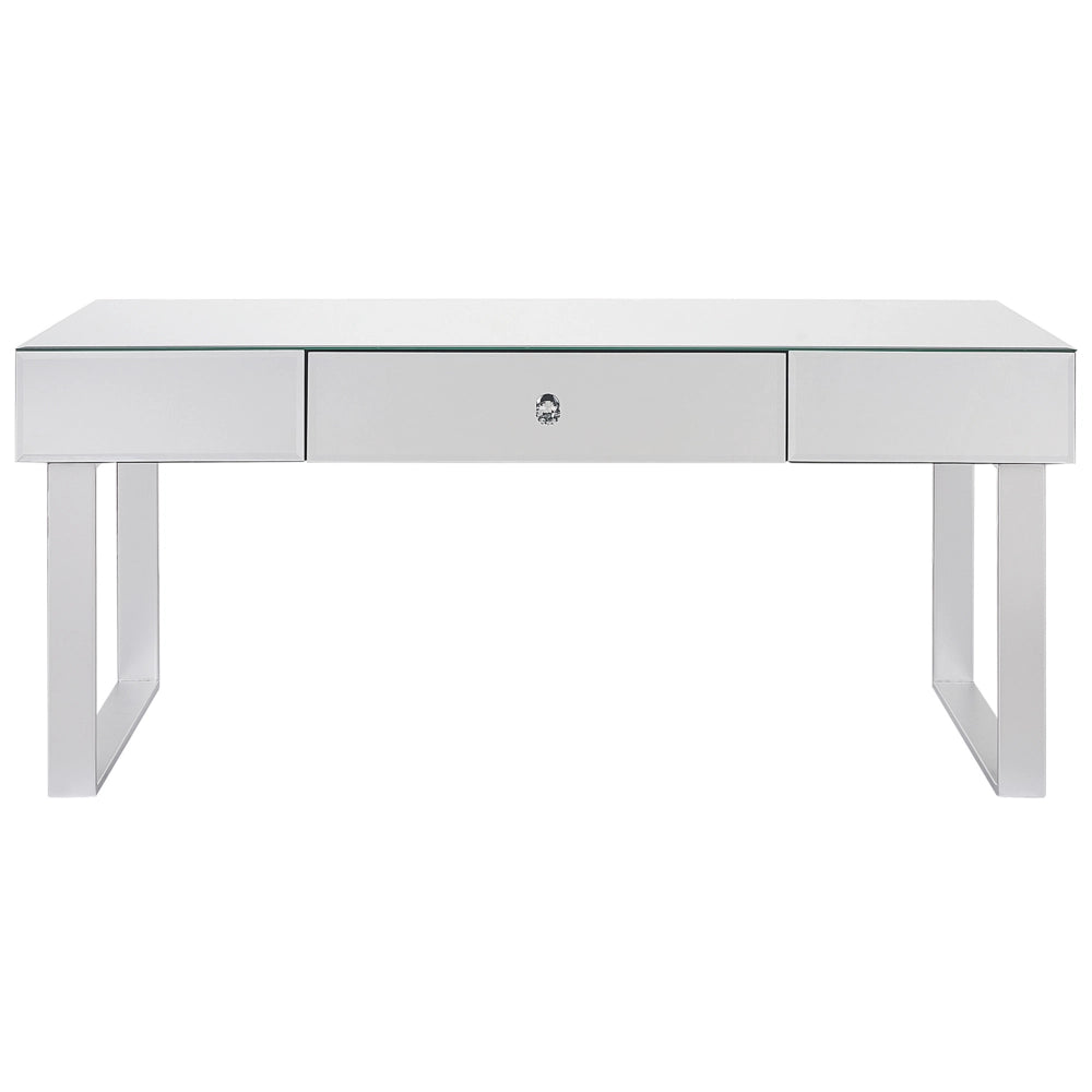 Tavolino  Cassetto Pomello Cristallo Specchiato Vetro Argento Base A Slitta Contenitori Glam
