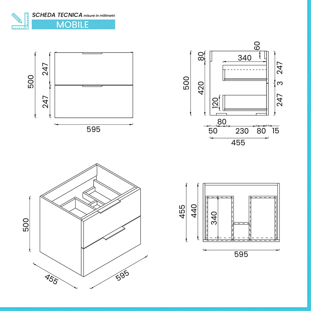 Mobile bagno sospeso 60cm azzurro polvere con cassetti lavabo e specchio Elva