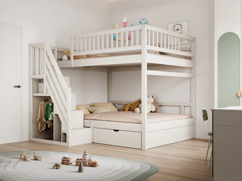 DESMIU Letto a Castello 2 Posti con Scala Contenitore, Cassetto e Sponde Alte, 140 × 200 cm, Senza Materasso