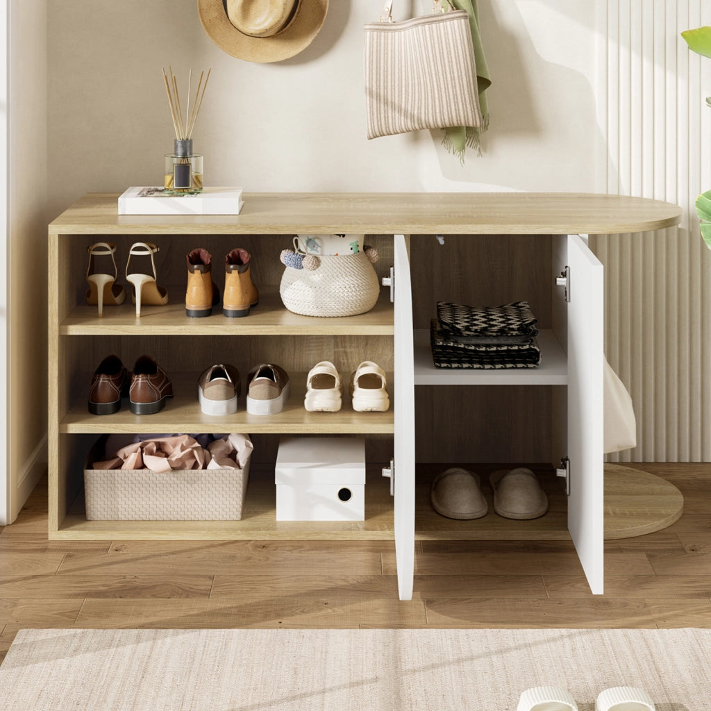 Scarpiera con 2 ante, apertura a pressione, per ingresso e corridoio, in truciolare, bianco naturale, 104 × 37 × 50 cm