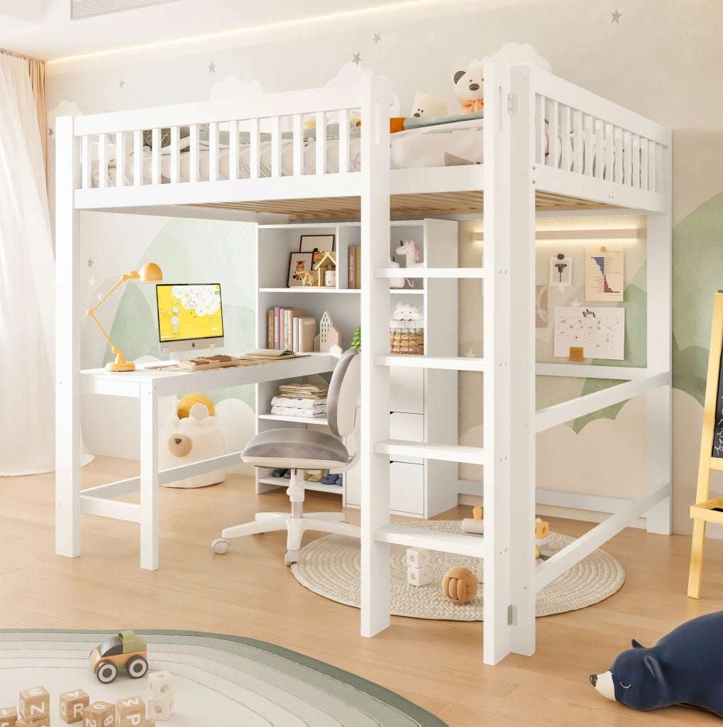 Letto a soppalco 140x200 cm in legno di pino e MDF; bianco; con scrivania; scala e cassetti