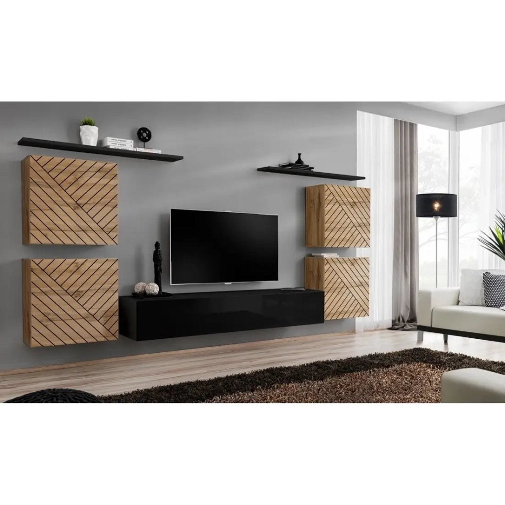 Insieme mobile soggiorno SWITCH IV – Rovere Wotan e Nero – Finiture in rovere fresato e nero lucido – Design moderno
