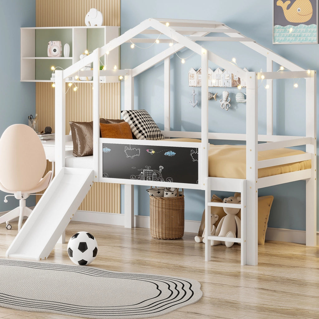 Letto a soppalco 90x200 cm con scivolo e lavagna in legno