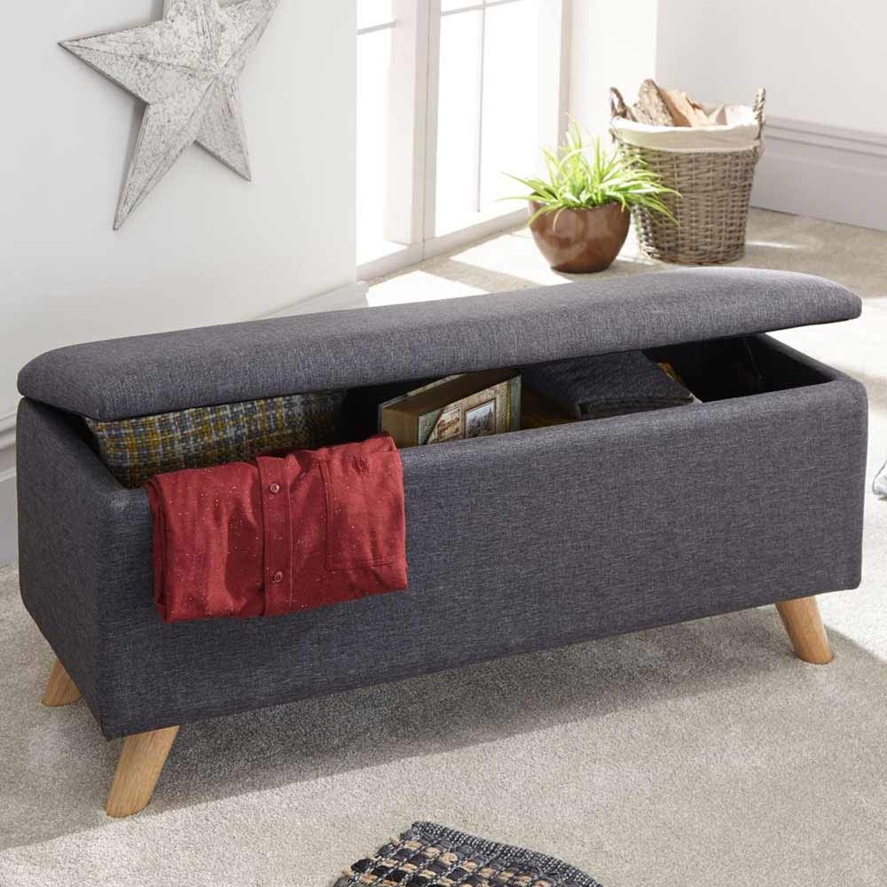 Cassapanca Pouf Contenitore Panca Sgabello Poggiapiedi in Tessuto Grigio Scuro