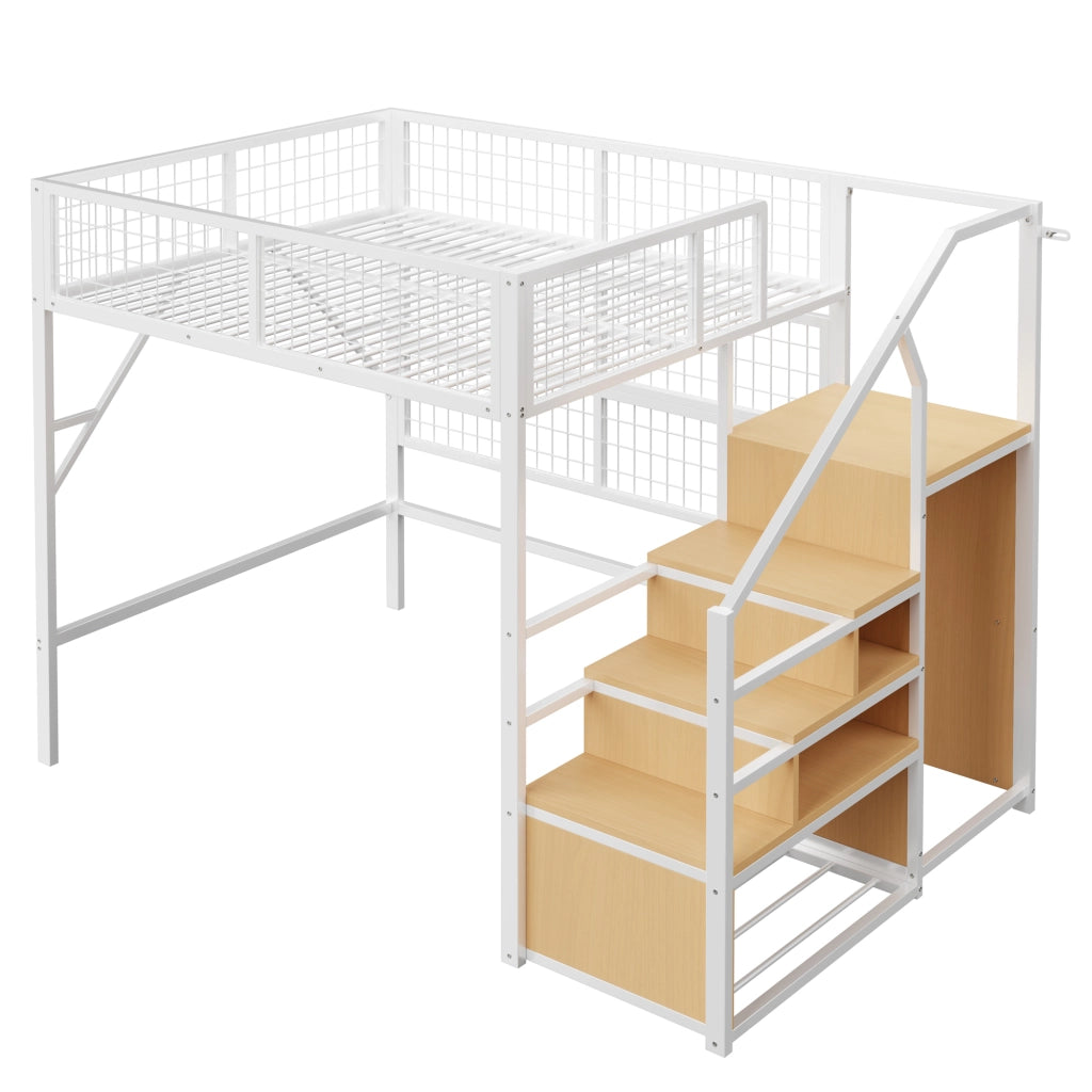 DESMIU Letto a Soppalco Matrimoniale con scala contenitore, armadio e LED regolabile, 140 × 200 cm, senza materasso