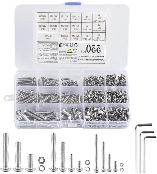 Set di 550 Viti e Dadi a Sezione Esagonale in Acciaio Inossidabile M3 M4 M5 Assortimento Kit di Riparazione per Testate di Sedie e Mobili