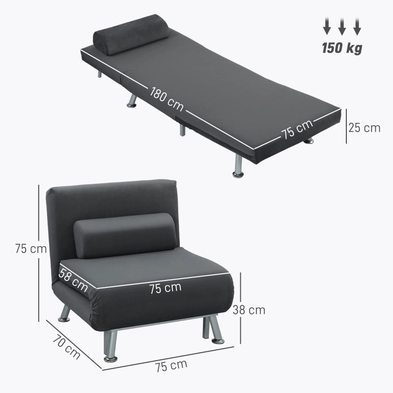 Poltrona letto pieghevole in tessuto effetto velluto, funzione letto, 75x70x75 cm, grigio scuro