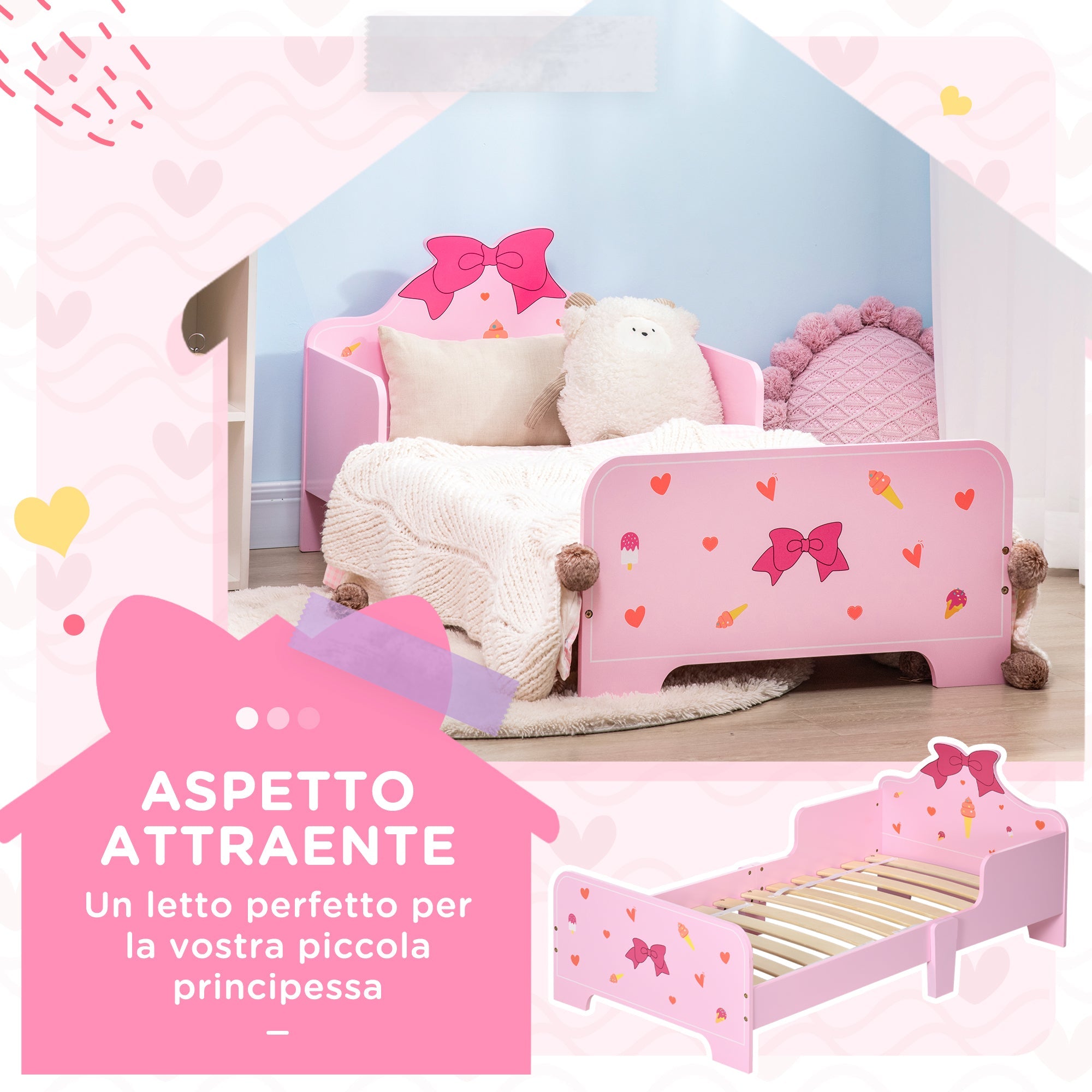 Letto per Bambini con Sponde 143x74x59 cm Fantasia Fiocco Rosa