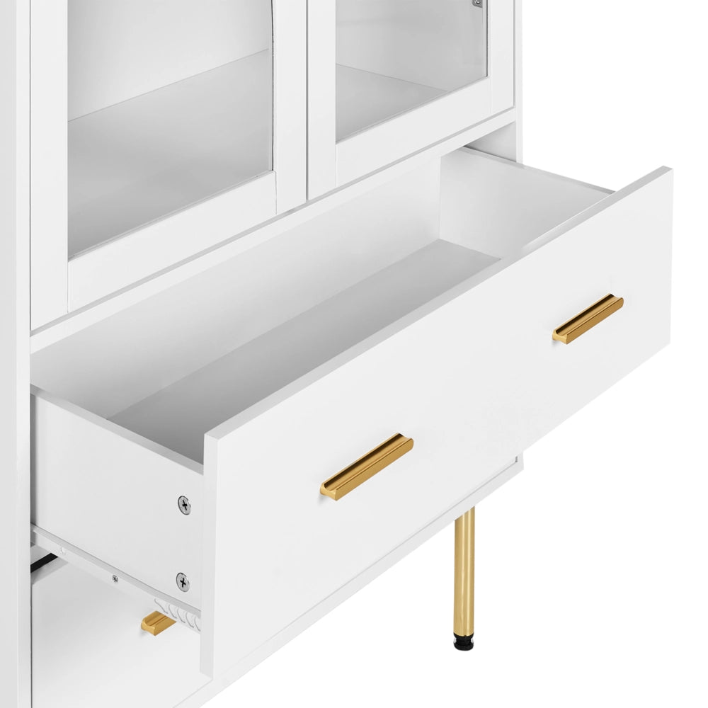Vetrinetta in MDF bianco con ante in vetro e 2 cassetti Accenti dorati