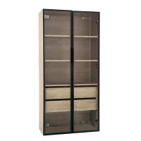 Armadio da bagno con illuminazione LED, 2 grandi cassetti e 2 ante in vetro, 74×36×155 cm, Naturale