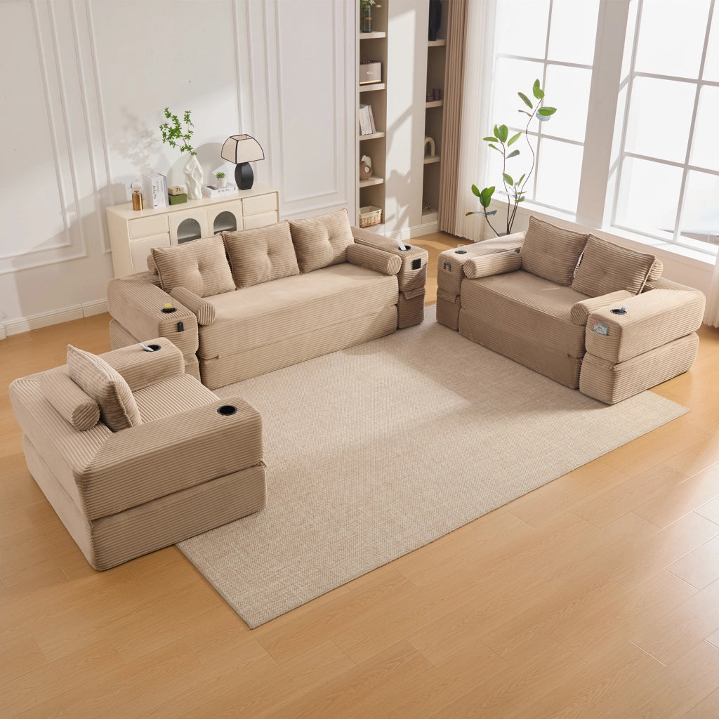 Divano convertibile modulare con cuscini in memory foam, tasche laterali e portabicchieri, in tessuto a coste khaki