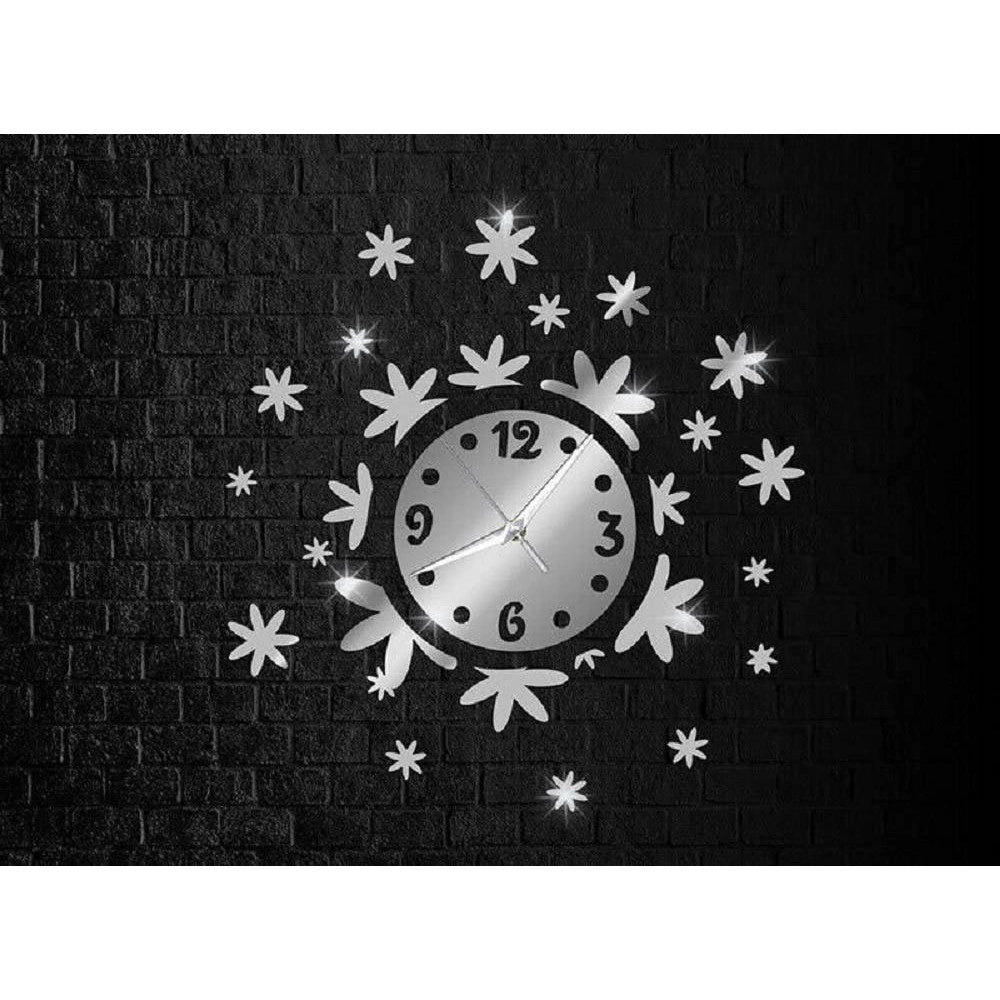 Trade Shop - Orologio Da Parete Adesivo 3d Sticker Componibile Effetto Specchio Floreale -