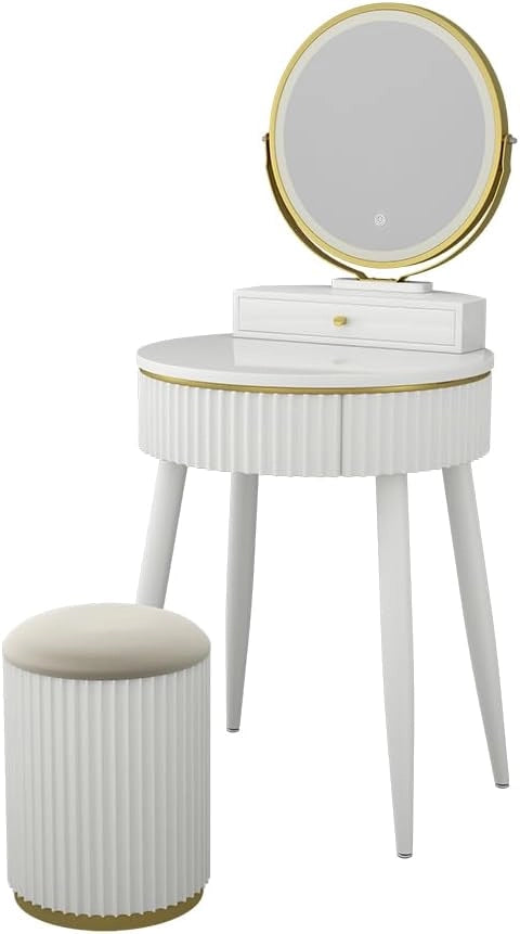 Tavolo da toilette Gesa, Bianco, 60 cm con specchio a LED in 3 tonalità di bianco, dimmerabile, inclusa panca e controllo touch per illuminazione LED