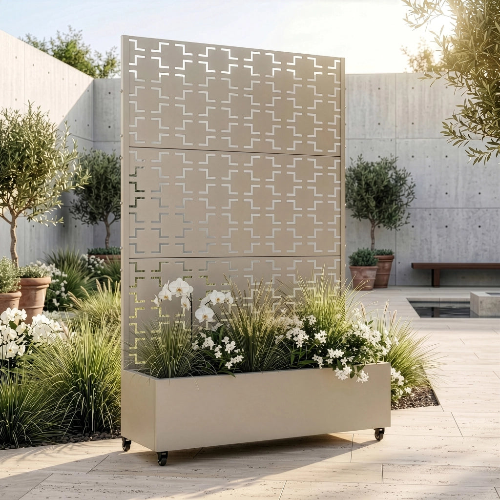 Fioriera con Spalliera Aaskis a Rotelle in Acciaio 190 x 120 x 38 cm - Beige casa.pro