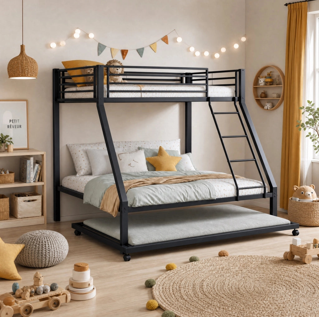 Letto a castello in metallo 90x200 e 140x200 cm con letto estraibile 90x190 cm; nero
