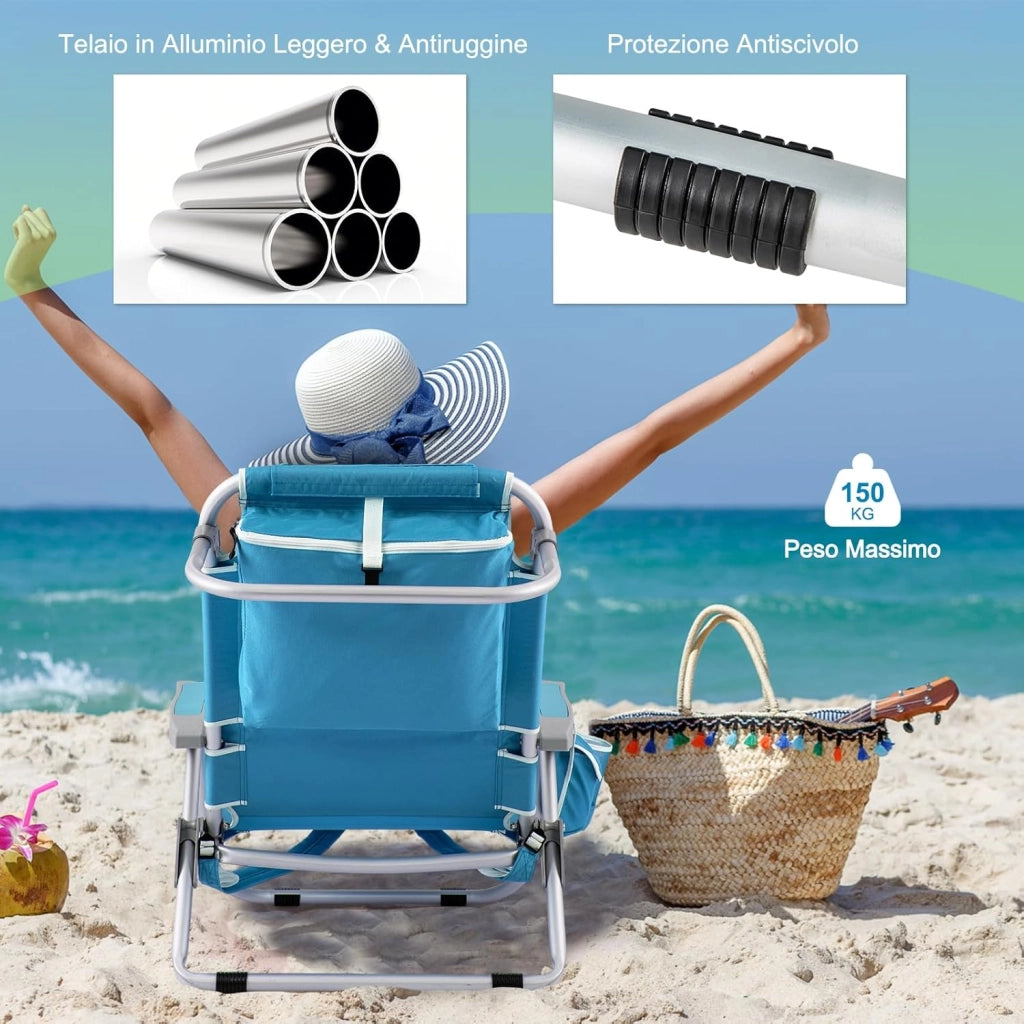 Sedia da Spiaggia, Sdraio Pieghevole a 5 Posizioni con Portabicchieri, Poltrona da Spiaggia con Cuscino per Testa e Zaino, Sedia da Campeggio Portatile, Portata 150 kg (Azzurro,1)