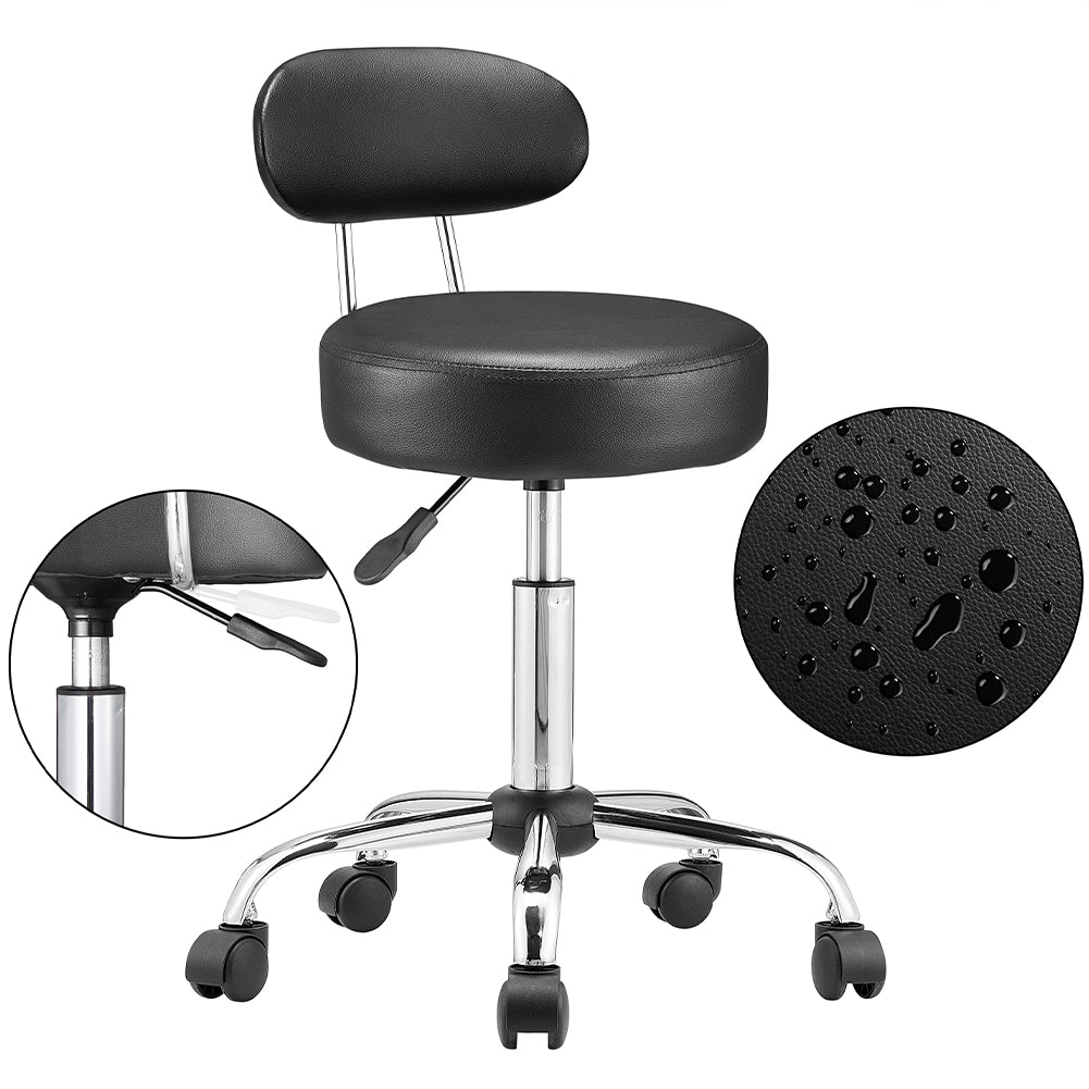 Sgabello con ruote e schinale Estetista Sedia Casa Lavoro girevole Ecopelle Nero