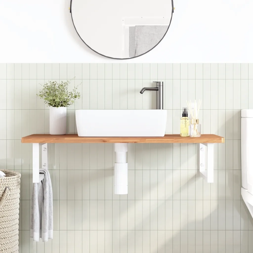 Ripiano a Parete per Lavabo in Acciaio e Massello di Faggio