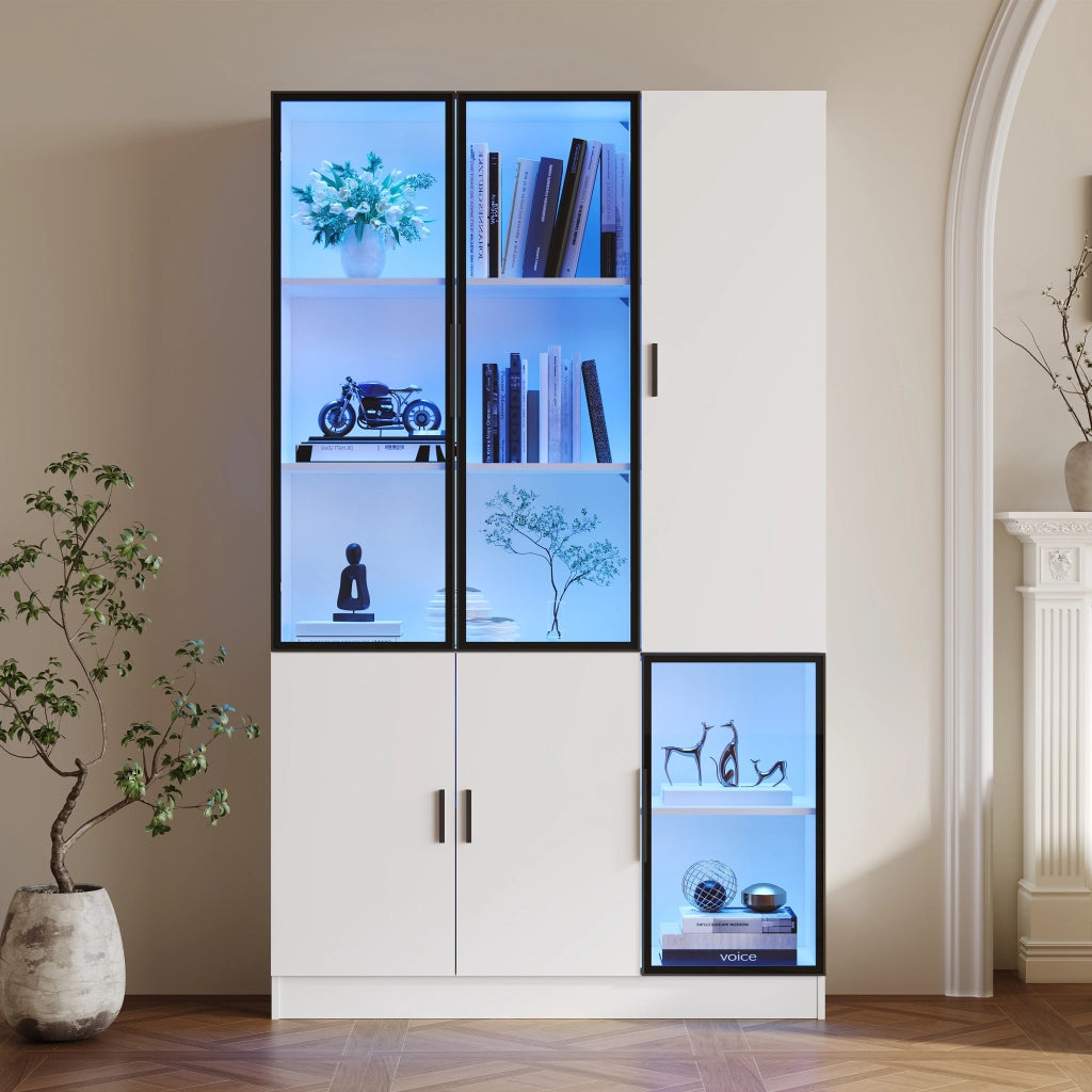 Vetrina con 3 ante in vetro e LED, 10 vani contenitore, per soggiorno e studio, bianco, 120 × 35 × 200 cm