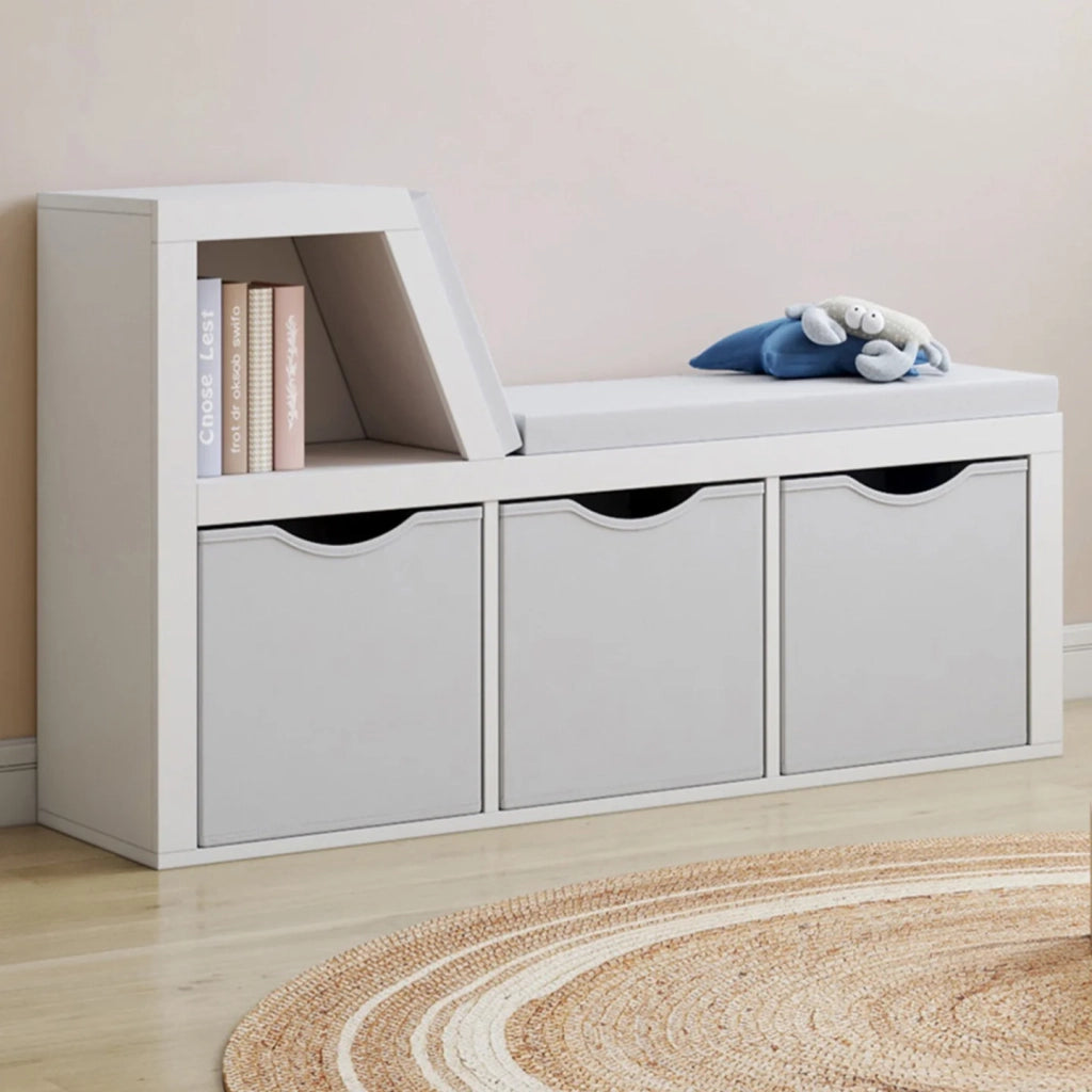 IDMarket - Panca libreria OSCAR 4 scomparti con cuscini grigi e vassoi in tessuto 102 cm bianco