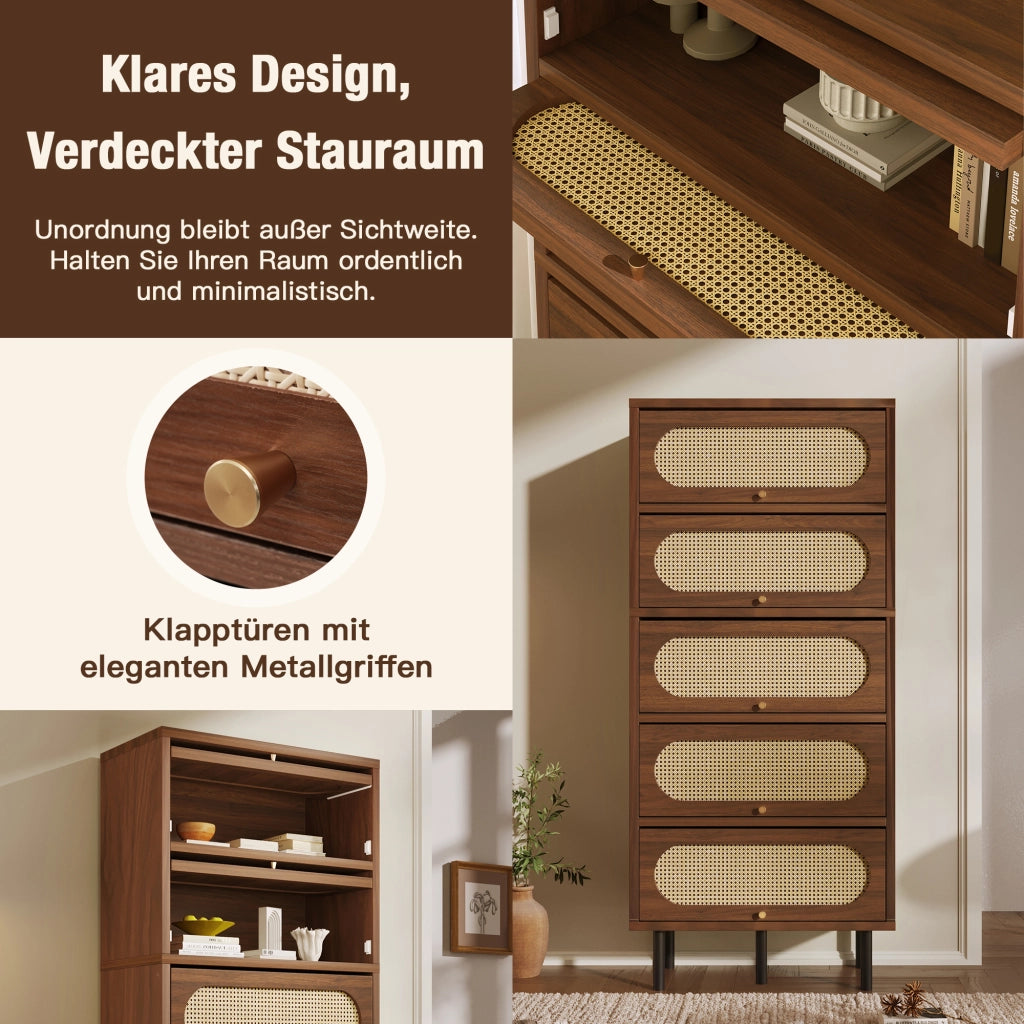 CREDENZA 80x40x163 cm Nussbaum con Rattan e 5 ante a ribalta
