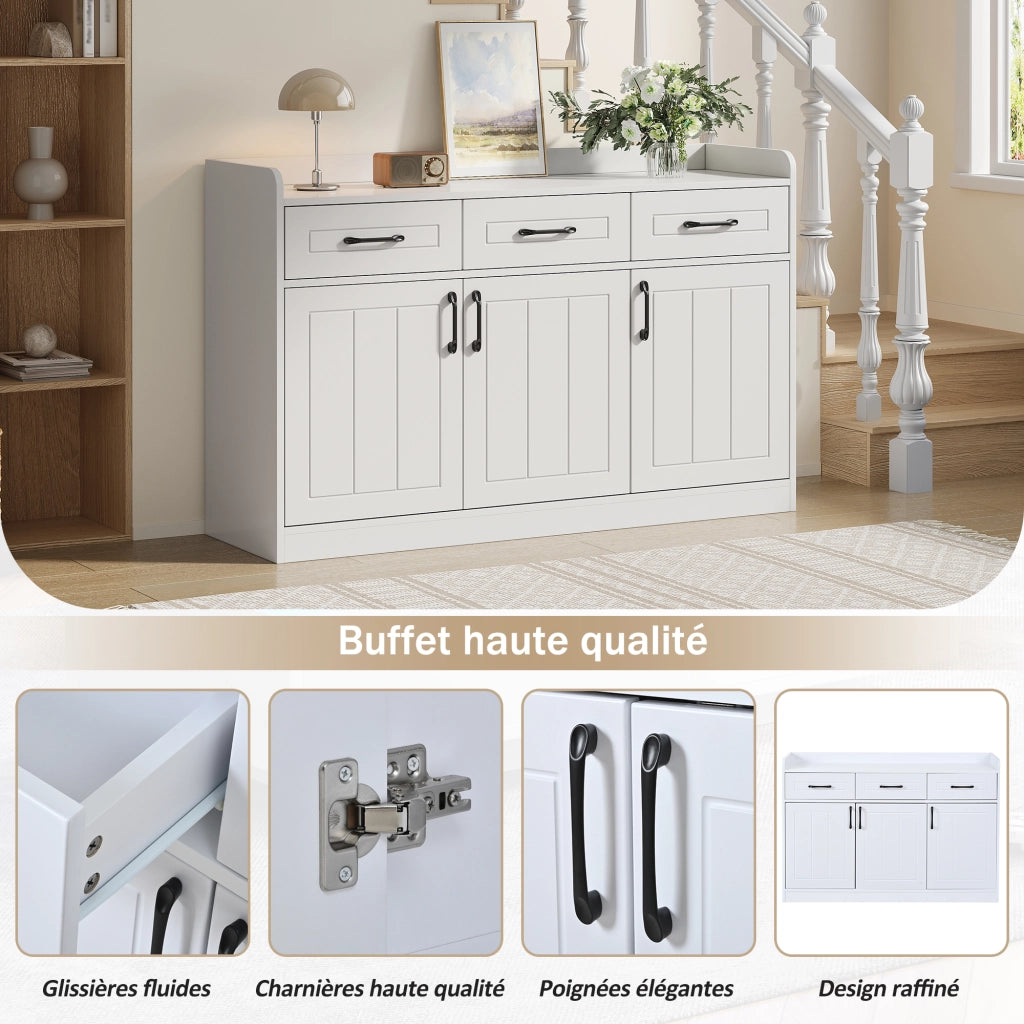 Credenza con 3 ante e 3 cassetti; ripiani regolabili - per soggiorno - bianco
