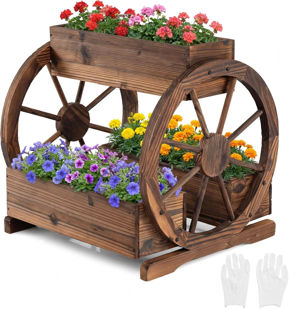 Fioriera a Carro in Legno, Letto da Giardino Rialzato a 2 Livelli con 3 Scatole, Fori di Drenaggio e Ruote, Carrello Decorativo per Fiori da Interno ed Esterno per Patio e Balcone