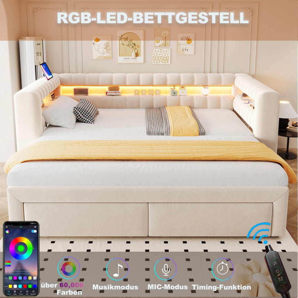 Divano letto imbottito estraibile 90x190 cm con LED; USB e contenitore; beige