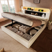Letto matrimoniale 140x200 cm in velluto beige con testiera regolabile; LED; USB e contenitore
