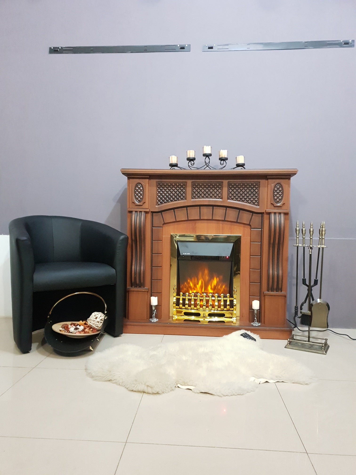 Camino Elettrico da Pavimento 112x115x30 cm Effetto Fiamma 2000W Amsterdam & Galileo Gold Noce