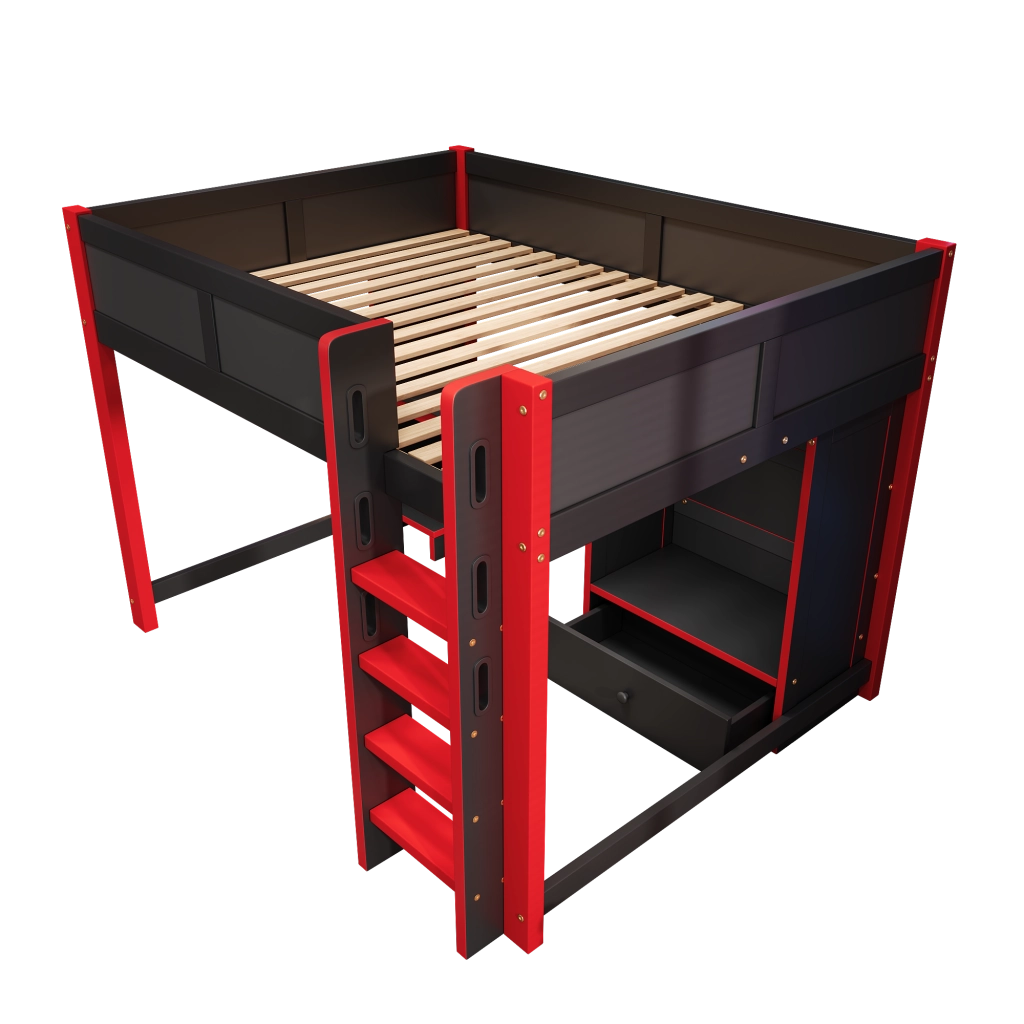 LETTO A CASTELLO gaming 140x200 cm nero e rosso con scrivania, armadio e ripiani