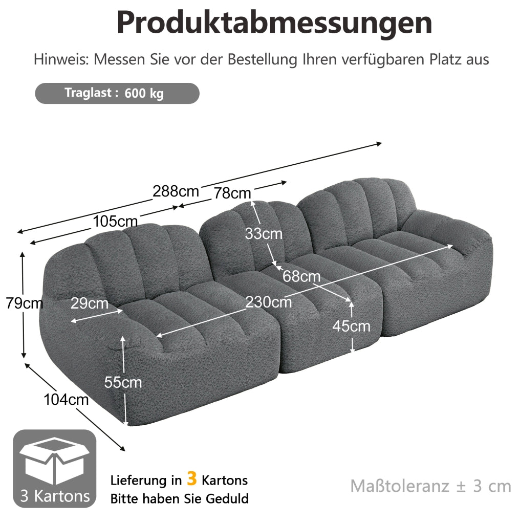 Divano modulare 3 posti con ottoman collegabile in fleece granulato grigio