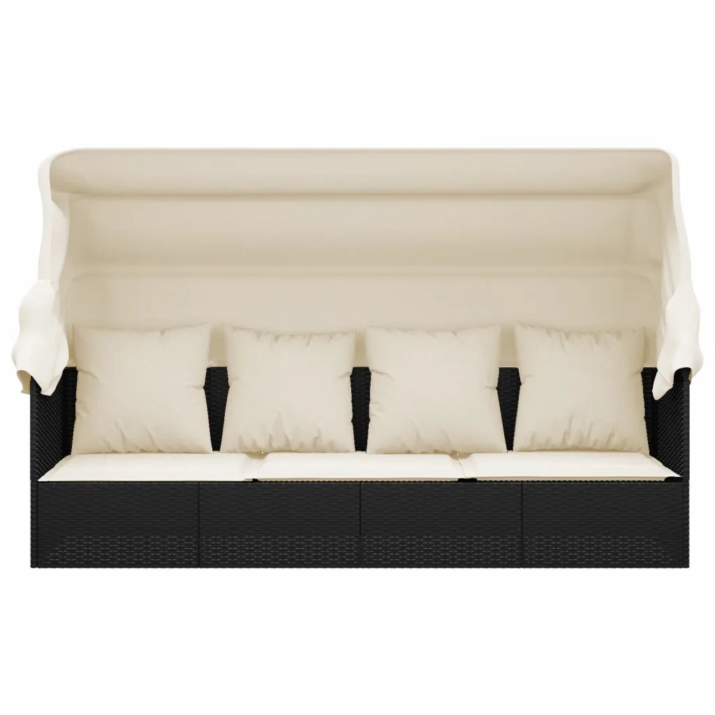 Lettino Prendisole | Sdraio da giardino | Lettino da sole Esterno con Tetto e Cuscini Nero Polyrattan