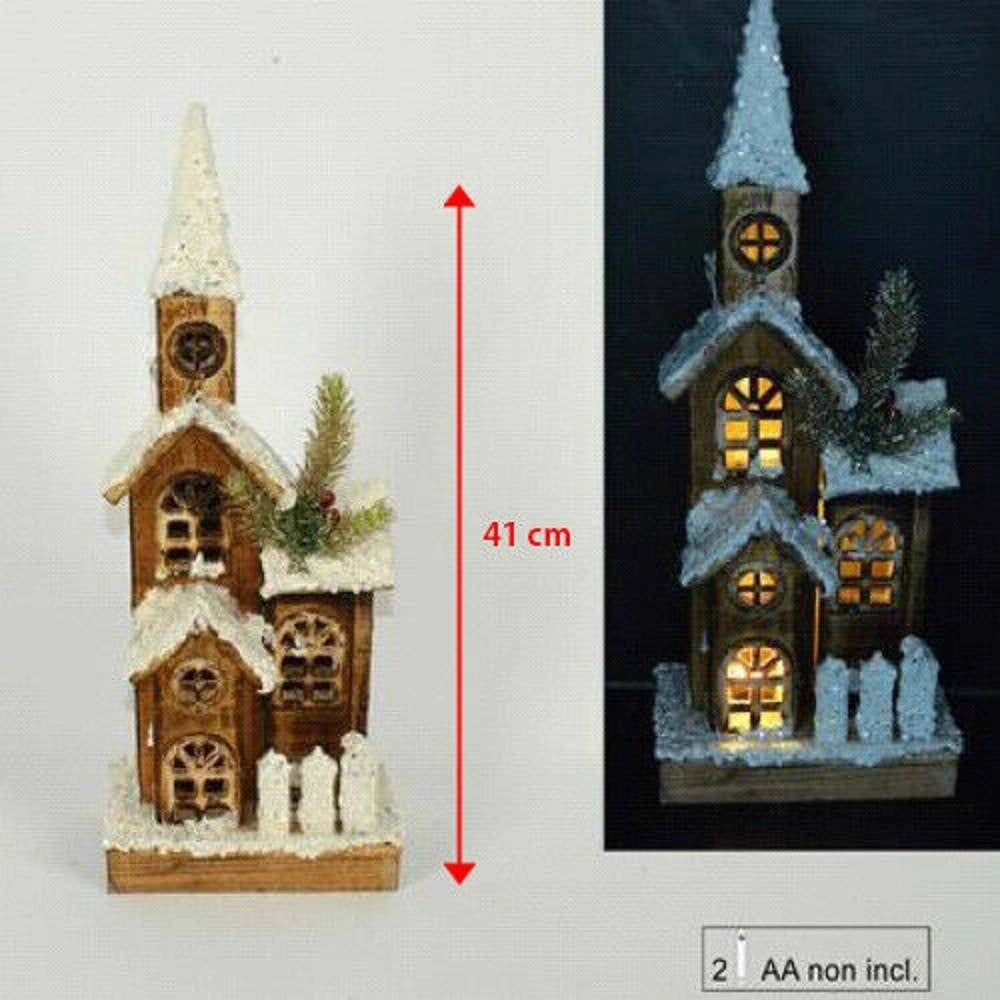 Trade Shop - Campanile Legno Innevato Con Luci Gialle Altezza 41 Cm Decorazioni Natalizie -