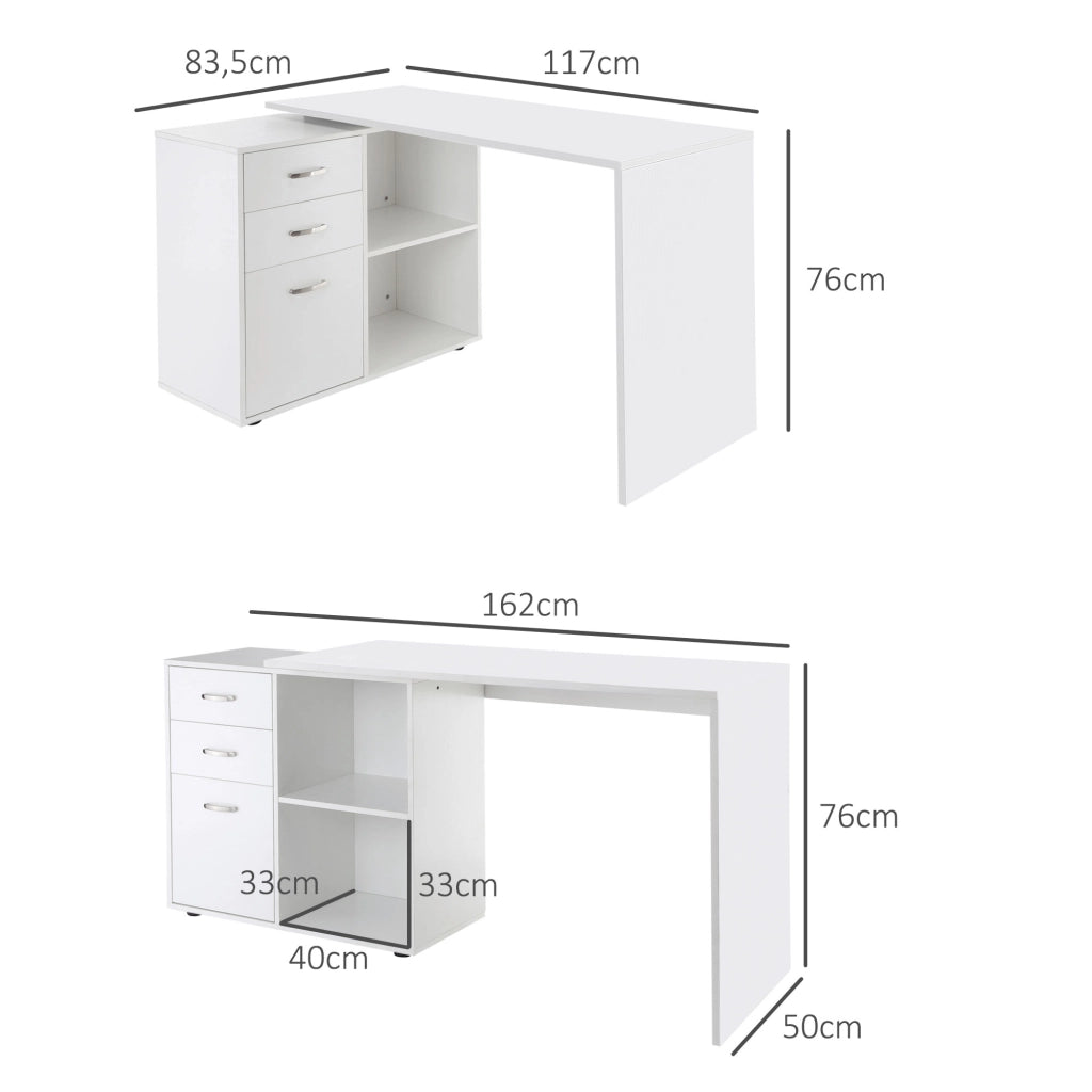 Scrivania angolare e dritta modulabile per computer, in MDF bianco con 3 cassetti e 2 vani, salvaspazio per casa e ufficio