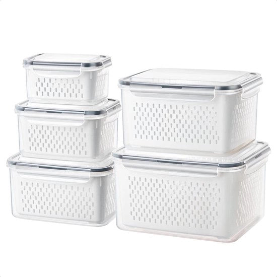 Set di Contenitori di Stoccaggio per Alimenti per Frigorifero - Contenitori di Frutta e Verdura con Coperchio e Scarichi - Contenitori di Stoccaggio BPA Liberi