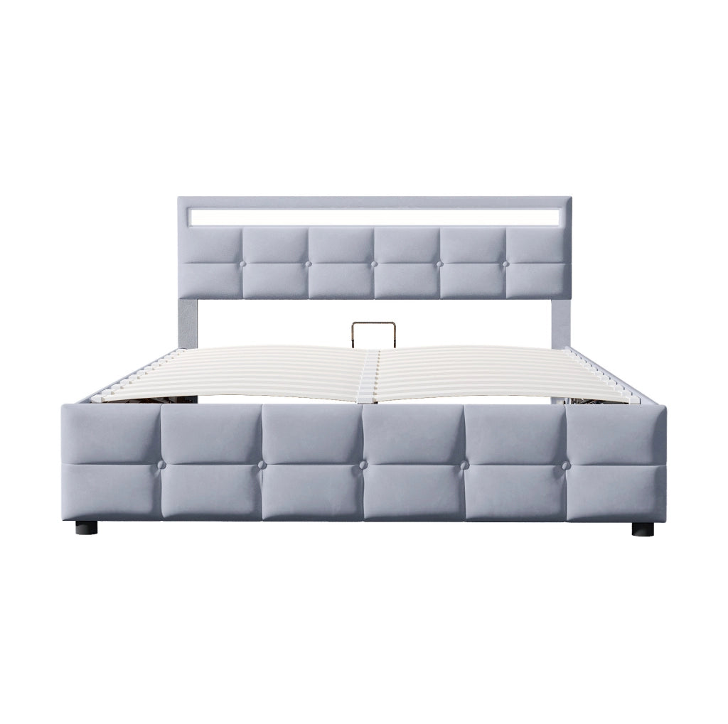 Letto imbottito 180x200 cm con LED e contenitore idraulico in velluto olandese grigio