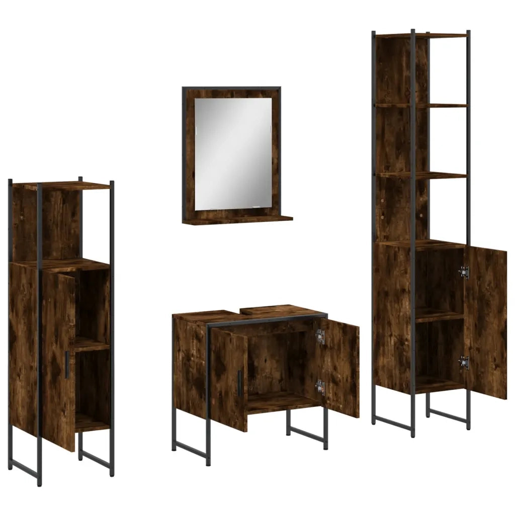 Set Mobili da Bagno | Armadio da bagno 4 pz Rovere Fumo in Legno Multistrato