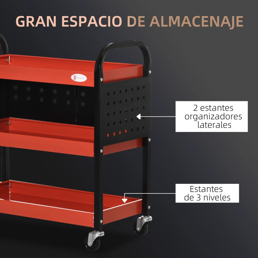 Carro attrezzi con 3 ripiani pannelli forati e ruote con freno ¨C zephmum ¨C 75x35x80 cm nero