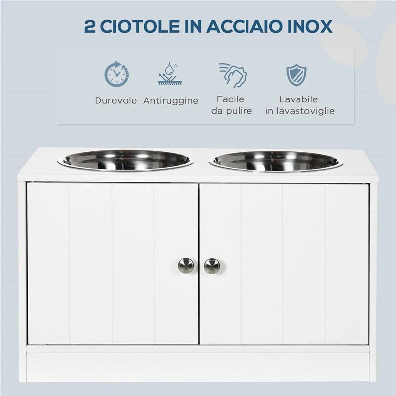 CIOTOLE PER CANI RIALZATE CON ARMADIETTO DA 44L E 2 CIOTOLE IN ACCIAIO, 60X30X35.5CM, BIANCO