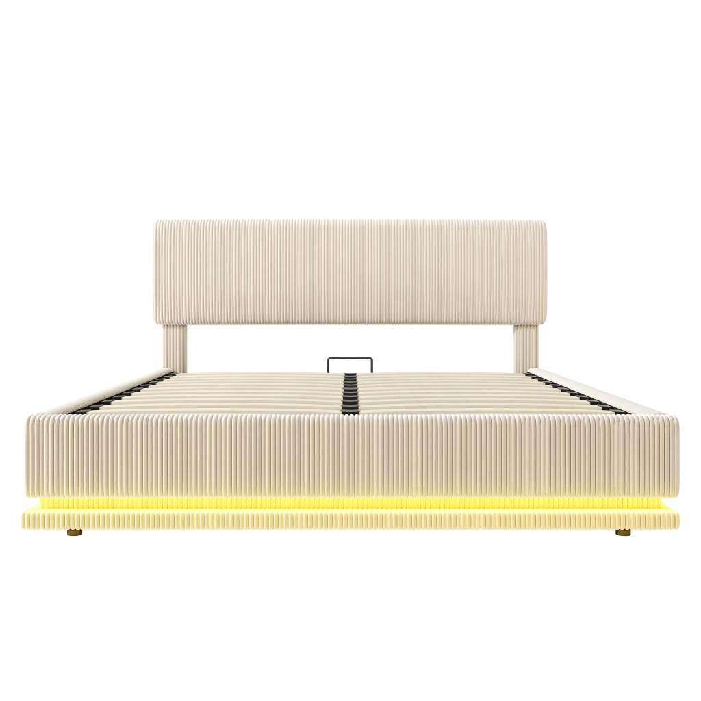 Letto moderno imbottito con LED e USB-C - Zephmum - Testiera regolabile in tessuto cord - 160x200 - Beige