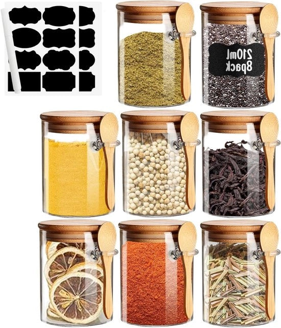 Set di contenitori in vetro da 8 oz con coperchio ermetico e cucchiaio, etichette incluse, confezione da 8 pezzi