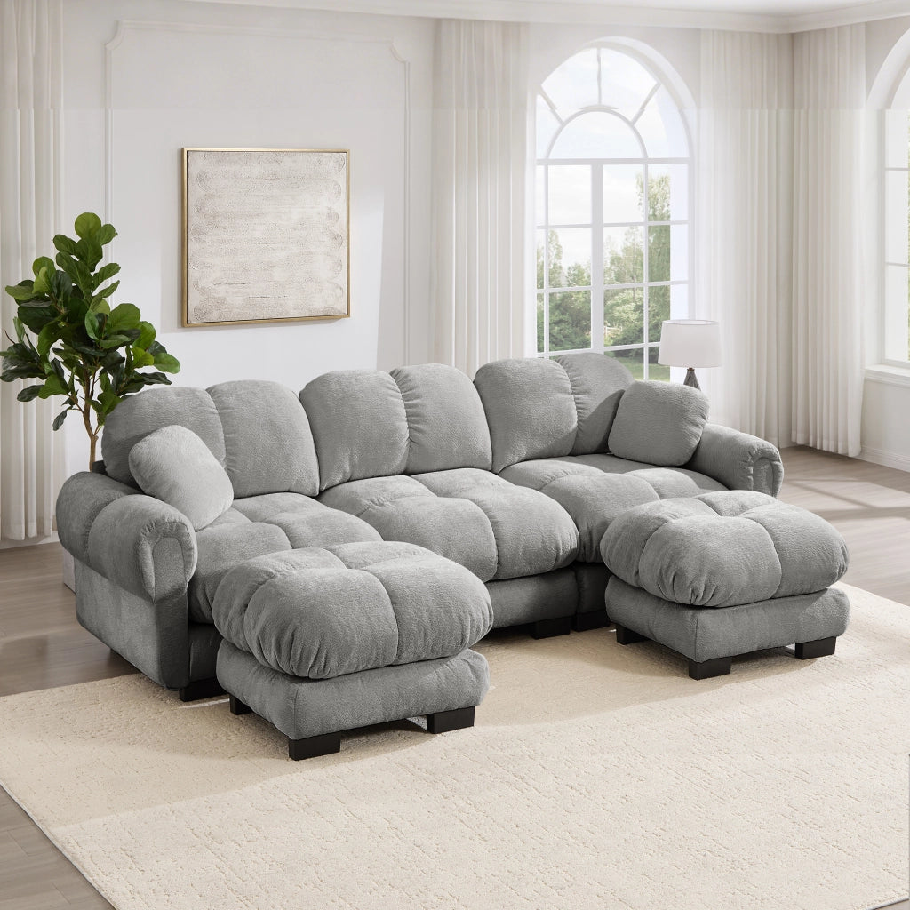 Divano modulare a U con pouf mobile e cuscini decorativi, seduta imbottita in ciniglia grigio chiaro 260 × 149 × 90 cm