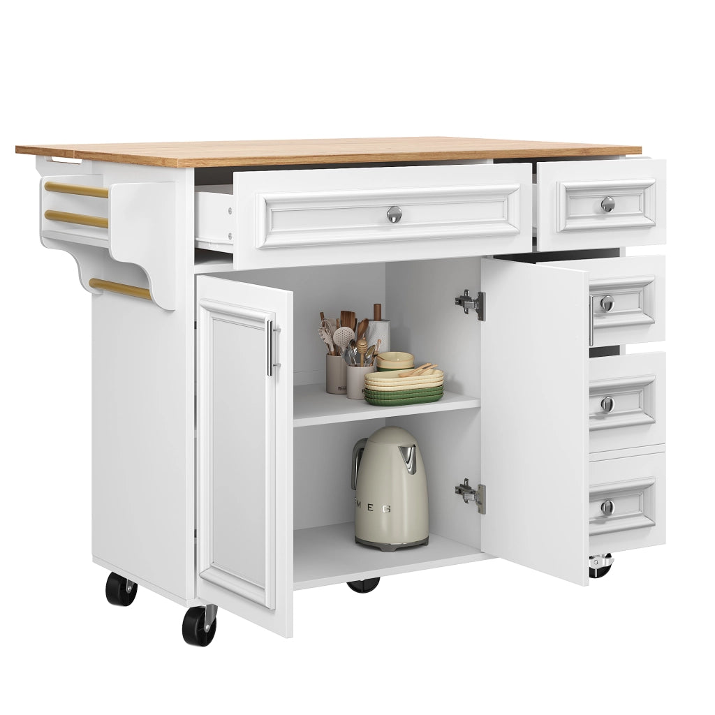 OKWISH Carrello da Cucina con Piano Ribaltabile, Cassetti e Ripiani Regolabili, per Cucina e Sala da Pranzo, Bianco