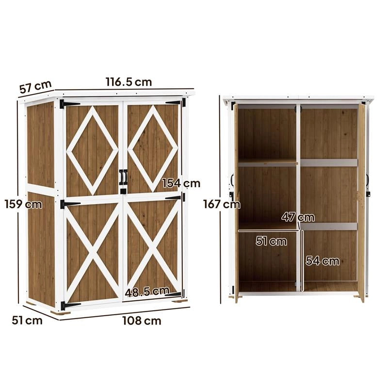 CAPANNO DA GIARDINO IN LEGNO DI ABETE CON 2 RIPIANI E 2 PORTE 116.5X57X159/167 CM MARRONE E BIANCO