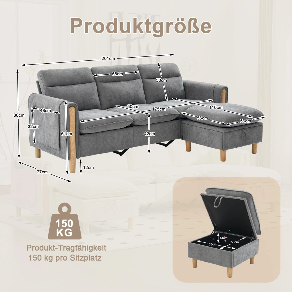 Divano angolare modulare a 3 posti con pouf contenitore; 201x77x86 cm; chenille grigio chiaro