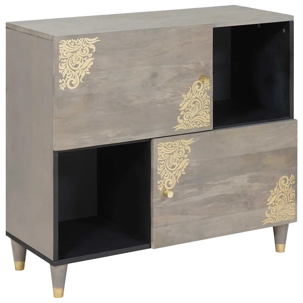 Credenza | Madia | Buffet da pranzo | Armadio da pranzo Grigio e Oro 80 x 33 x 75 cm Legno di mango massello