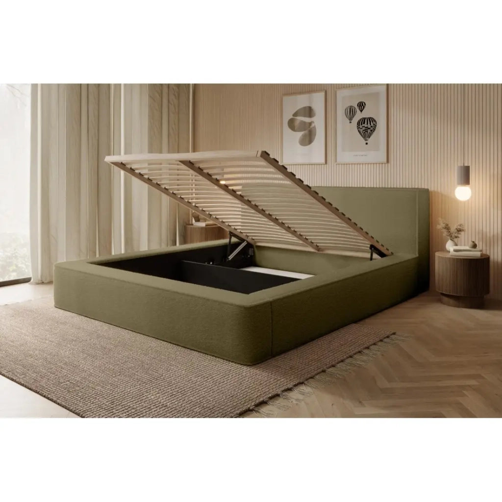 Letto contenitore VELORA – Olive bouclé – 140x200 cm – Tessuto velluto morbido – Rete sollevabile – Spazio di stoccaggio integrato